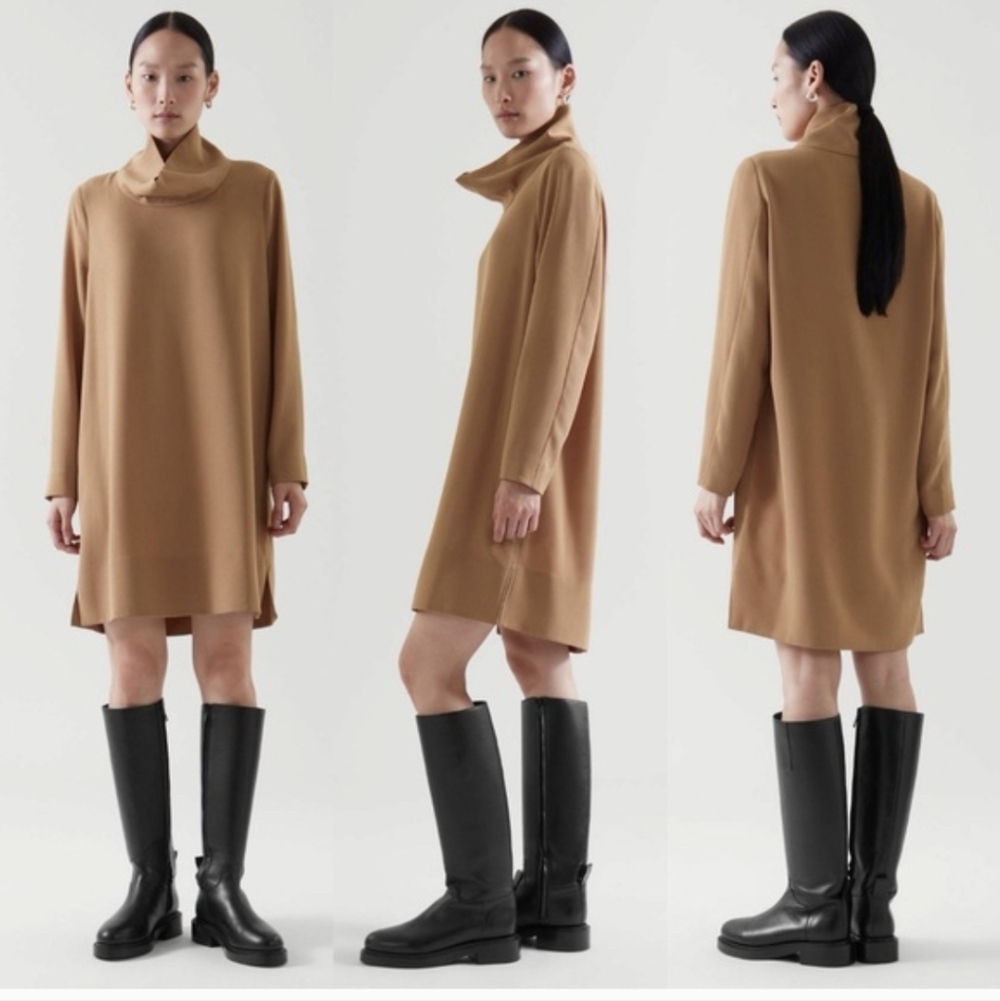 COS Tunic Dress Tan Cowl Neck Long Sleeve Size 6